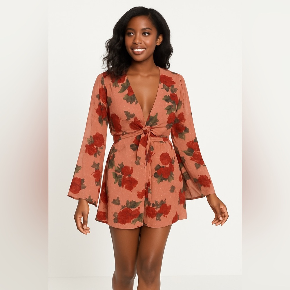 Lulus Rose Floral Print Long Sleeve Romper Pink Red Size L